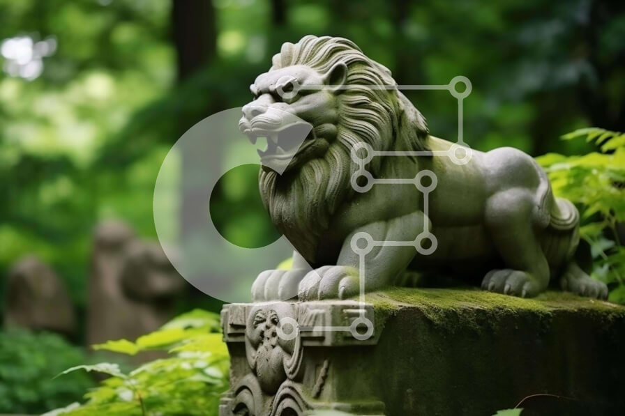 Intra Συλλεκτικό Ξύλινο Παζλ Plywood  4mm - Πέτρινο άγαλμα λιονταριού στην παλιά ταφόπλακα στο Woods Σε Ξύλινο Κουτί - Διαστάσεις: 10x10 cm – 25 κομμάτια