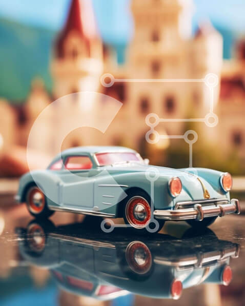 Intra Συλλεκτικό Ξύλινο Παζλ Plywood  4mm - Αυτοκίνητο παιχνίδι σε γυάλινη επιφάνεια μπροστά από το Κάστρο Σε Ξύλινο Κουτί - Διαστάσεις: 10x10 cm – 25 κομμάτια