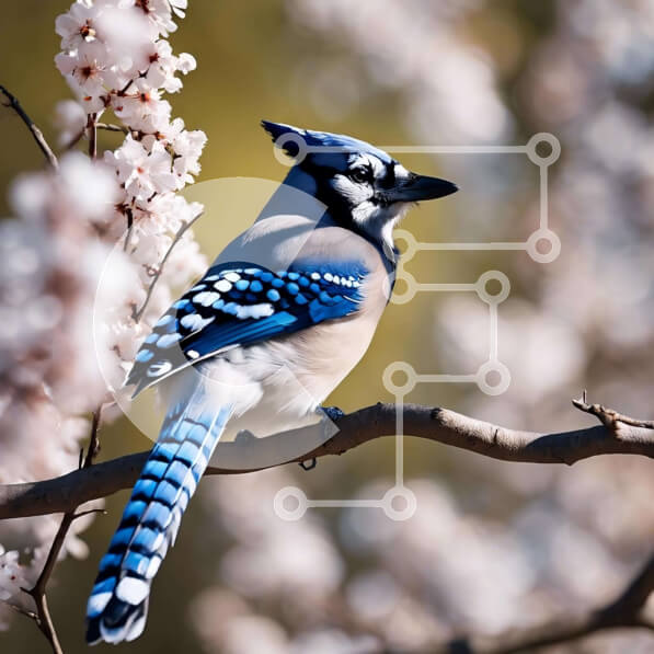 Intra Συλλεκτικό Ξύλινο Παζλ Plywood  4mm - Μπλε και άσπρο πουλί σε κλαδί βελανιδιάς με ανθισμένες κερασιές Σε Ξύλινο Κουτί - Διαστάσεις: 10x10 cm – 25 κομμάτια