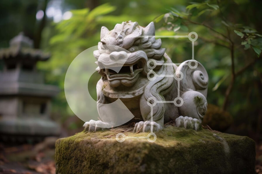 Intra Συλλεκτικό Ξύλινο Παζλ Plywood  4mm - Πέτρινο άγαλμα λιονταριού στην παλιά παγόδα στο δάσος Σε Ξύλινο Κουτί - Διαστάσεις: 10x10 cm – 25 κομμάτια