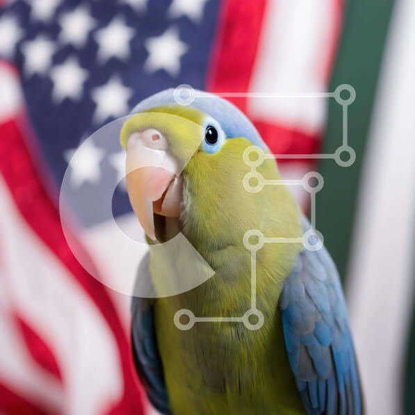 Intra Συλλεκτικό Ξύλινο Παζλ Plywood  4mm - Πράσινος και μπλε παπαγάλος σε φόντο αμερικανικής σημαίας Σε Ξύλινο Κουτί - Διαστάσεις: 10x10 cm – 25 κομμάτια