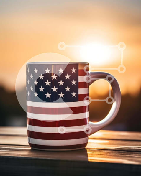 Intra Συλλεκτικό Ξύλινο Παζλ Plywood  4mm - Κούπα αμερικανικής σημαίας σε ξύλινο τραπέζι Σε Ξύλινο Κουτί - Διαστάσεις Puzzle: 10x10 cm – 25 κομμάτια