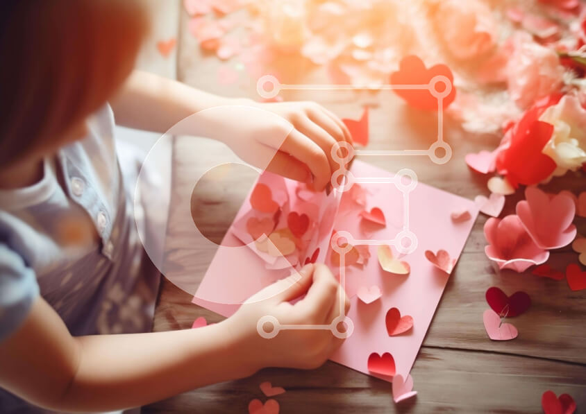 Intra Συλλεκτικό Ξύλινο Παζλ Plywood  4mm - Νεαρό κορίτσι που φτιάχνει κάρτες για την ημέρα του Αγίου Βαλεντίνου Σε Ξύλινο Κουτί - Διαστάσεις Puzzle: 10x10 cm – 25 κομμάτια