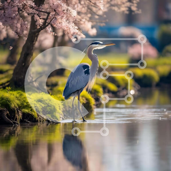 Intra Συλλεκτικό Ξύλινο Παζλ Plywood  4mm - Μπλε ερωδιός κοντά σε ροζ ανθισμένα δέντρα δίπλα στον ποταμό Σε Ξύλινο Κουτί - Διαστάσεις: 10x10 cm – 25 κομμάτια