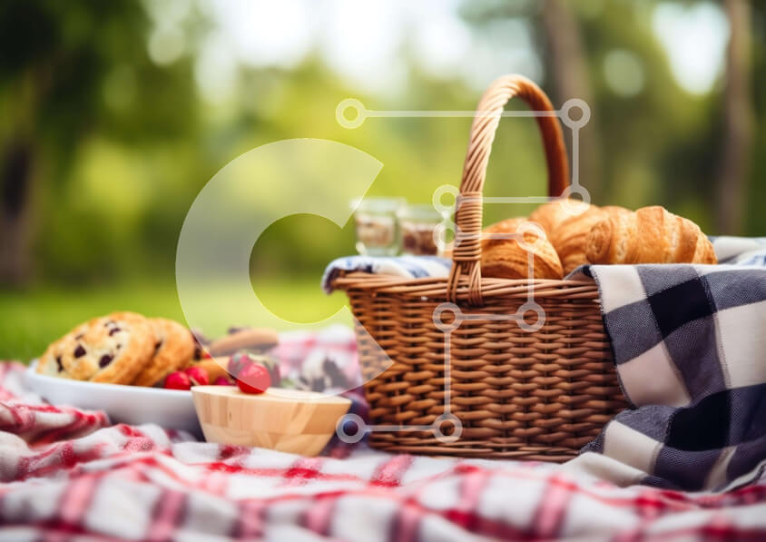 Σετ των 2 Intra Συλλεκτικό Ξύλινο Παζλ Plywood  4mm - Καλάθι πικνίκ γεμάτο με κρουασάν, μπισκότα και φρούτα Σε Ξύλινο Κουτί - Διαστάσεις: 10x10 cm – 25 κομμάτια