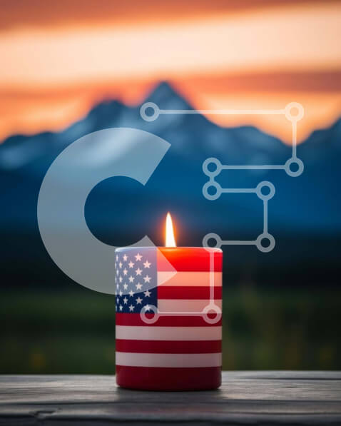 Intra Συλλεκτικό Ξύλινο Παζλ Plywood  4mm - Πατριωτικό κερί με τη σημαία των Ηνωμένων Πολιτειών, τα βουνά και το ηλιοβασίλεμα Σε Ξύλινο Κουτί - Διαστάσεις: 10x10 cm – 25 κομμάτια