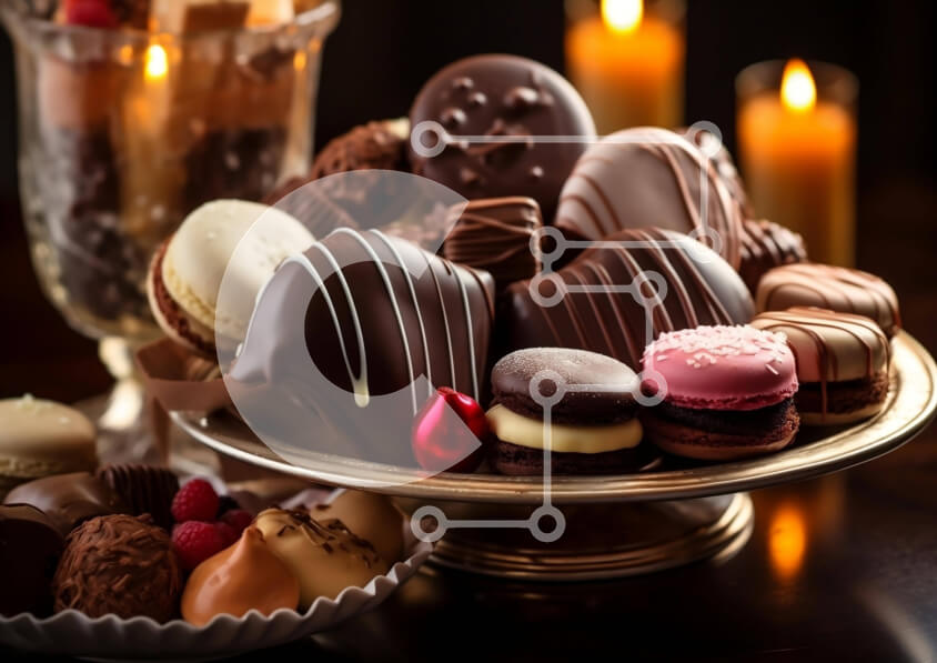 Σετ των 2 Intra Συλλεκτικό Ξύλινο Παζλ Plywood  4mm - Πιάτο με σοκολάτες, μπισκότα και αρτοσκευάσματα με κεριά και λουλούδια Σε Ξύλινο Κουτί - Διαστάσεις: 10x10 cm – 25 κομμάτια