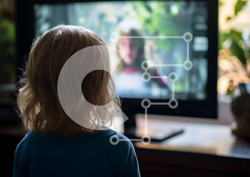 Intra Συλλεκτικό Ξύλινο Παζλ Plywood  4mm - Μικρό παιδί που παρακολουθεί ταινία κινουμένων σχεδίων στην τηλεόραση Σε Ξύλινο Κουτί - Διαστάσεις Puzzle: 10x10 cm – 25 κομμάτια