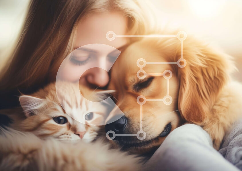 Σετ των 2 Intra Συλλεκτικό Ξύλινο Παζλ Plywood  4mm - Γυναίκα που αγκαλιάζει τη γάτα και τον σκύλο της Σε Ξύλινο Κουτί - Διαστάσεις: 10x10 cm – 25 κομμάτια