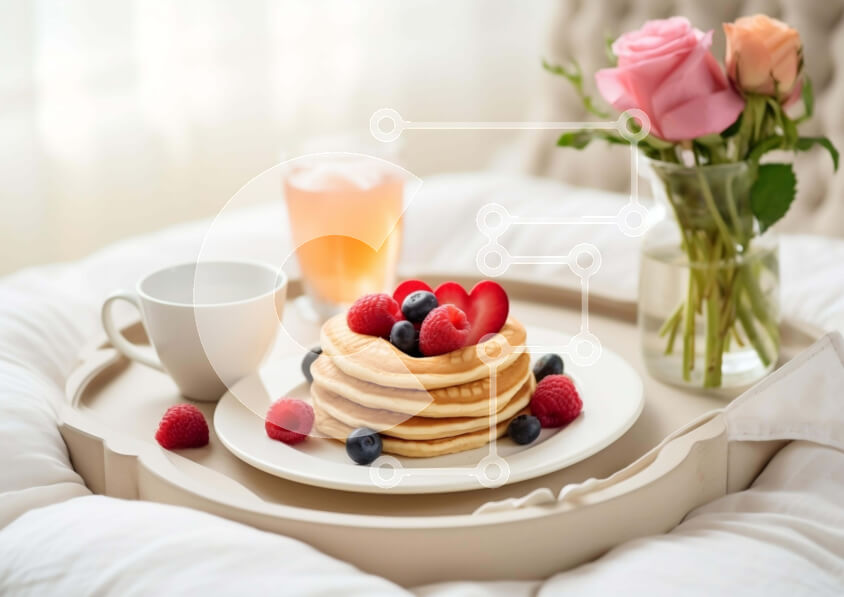 Σετ των 2 Intra Συλλεκτικό Ξύλινο Παζλ Plywood  4mm - Δίσκος πρωινού με τηγανίτες, φράουλες και καφέ Σε Ξύλινο Κουτί - Διαστάσεις: 10x10 cm – 25 κομμάτια