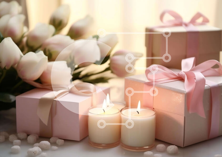 Intra Συλλεκτικό Ξύλινο Παζλ Plywood  4mm - Ροζ κουτιά δώρου και λευκές τουλίπες Σε Ξύλινο Κουτί - Διαστάσεις Puzzle: 10x10 cm – 25 κομμάτια