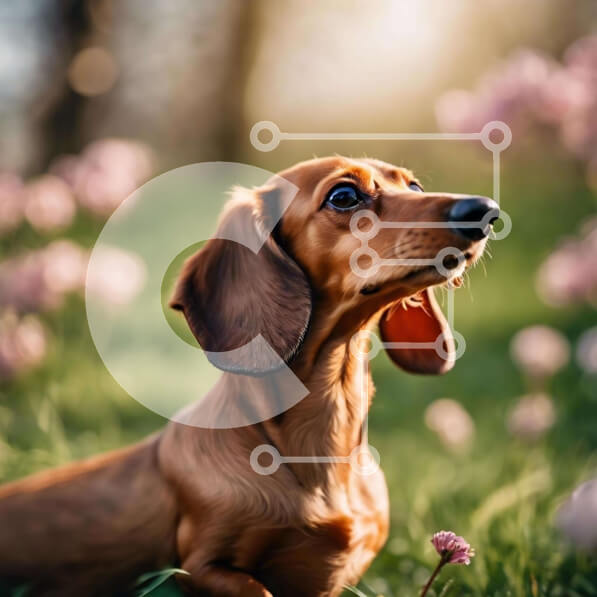 Intra Συλλεκτικό Ξύλινο Παζλ Plywood  4mm - Περίεργος καφέ Dachshund σκύλος σε γρασίδι με ροζ λουλούδια Σε Ξύλινο Κουτί - Διαστάσεις: 10x10 cm – 25 κομμάτια