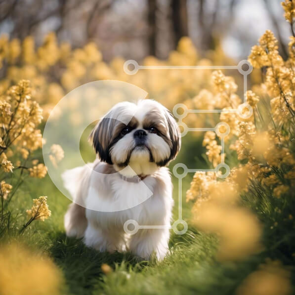 Intra Συλλεκτικό Ξύλινο Παζλ Plywood  4mm - Λευκό και καφέ σκυλί Shih Tzu σε κίτρινο πεδίο λουλουδιών Σε Ξύλινο Κουτί - Διαστάσεις: 10x10 cm – 25 κομμάτια