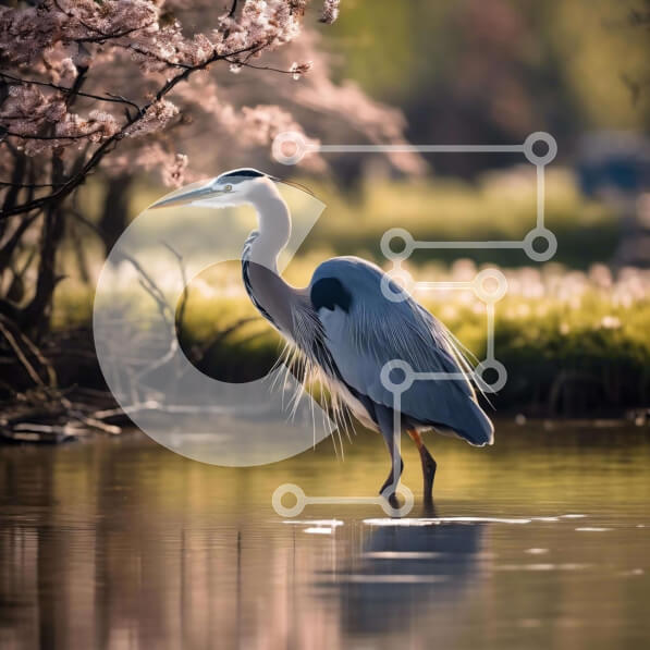 Intra Συλλεκτικό Ξύλινο Παζλ Plywood  4mm - Γκρίζος ερωδιός κοντά σε ανθισμένες κερασιές και νερό Σε Ξύλινο Κουτί - Διαστάσεις: 10x10 cm – 25 κομμάτια