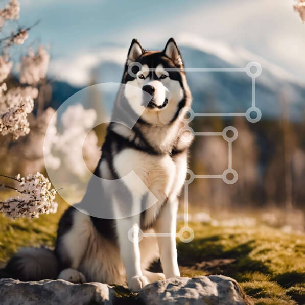 Intra Συλλεκτικό Ξύλινο Παζλ Plywood  4mm - Ασπρόμαυρος γεροδεμένος σκύλος στον κήπο των ανθισμένων κερασιών Σε Ξύλινο Κουτί - Διαστάσεις: 10x10 cm – 25 κομμάτια