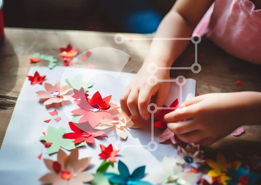 Intra Συλλεκτικό Ξύλινο Παζλ Plywood  4mm - Παιδί που φτιάχνει λουλούδια από χαρτί Σε Ξύλινο Κουτί - Διαστάσεις Puzzle: 10x10 cm – 25 κομμάτια