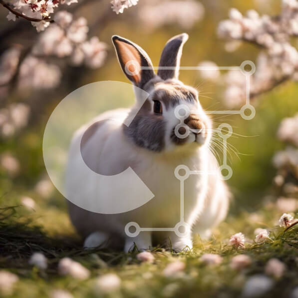 Intra Συλλεκτικό Ξύλινο Παζλ Plywood  4mm - Λευκό και γκρίζο κουνέλι κοντά σε ανθισμένες κερασιές Σε Ξύλινο Κουτί - Διαστάσεις: 10x10 cm – 25 κομμάτια