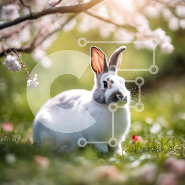 Intra Συλλεκτικό Ξύλινο Παζλ Plywood  4mm - Λευκό κουνέλι στον κήπο της άνοιξης με τις κερασιές Σε Ξύλινο Κουτί - Διαστάσεις: 10x10 cm – 25 κομμάτια