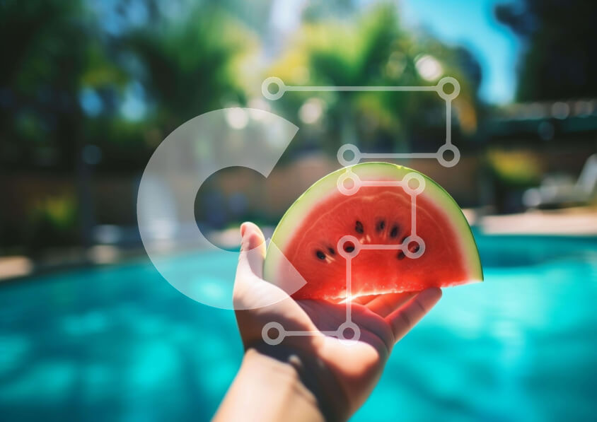 Σετ των 2 Intra Συλλεκτικό Ξύλινο Παζλ Plywood  4mm - Άτομο που κρατά φρέσκια φέτα καρπούζι με πισίνα στο φόντο Σε Ξύλινο Κουτί - Διαστάσεις: 10x10 cm – 25 κομμάτια