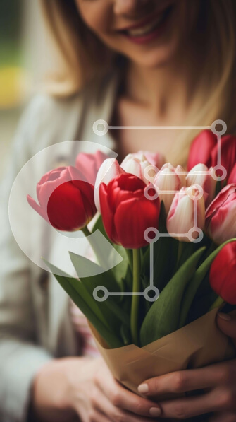 Intra Συλλεκτικό Ξύλινο Παζλ Plywood  4mm - Γυναίκα που κρατά μπουκέτο από κόκκινες, λευκές και ροζ τουλίπες Σε Ξύλινο Κουτί - Διαστάσεις: 10x10 cm – 25 κομμάτια