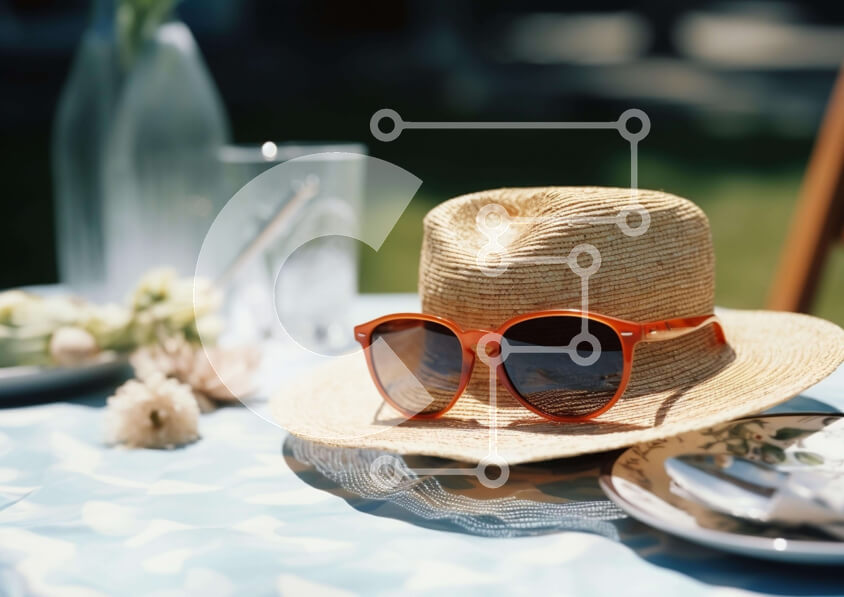 Intra Συλλεκτικό Ξύλινο Παζλ Plywood  4mm - Τραπέζι εξωτερικού χώρου με ψάθινο καπέλο, γυαλιά ηλίου, πιάτα και λουλούδια Σε Ξύλινο Κουτί - Διαστάσεις Puzzle: 10x10 cm – 25 κομμάτια