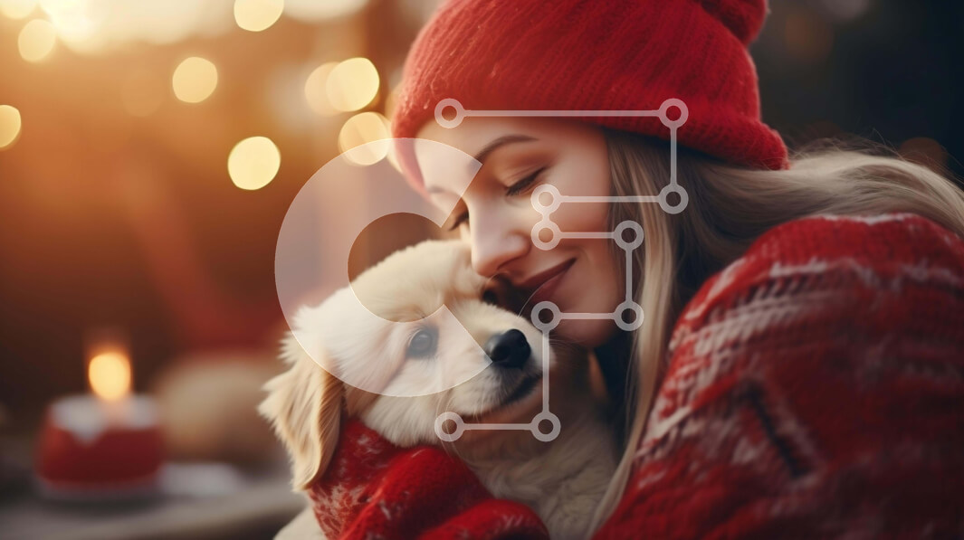 Intra Συλλεκτικό Ξύλινο Παζλ Plywood  4mm - Γιορτή διακοπών: Νεαρή γυναίκα με το κουτάβι της Σε Ξύλινο Κουτί - Διαστάσεις: 10x10 cm – 25 κομμάτια