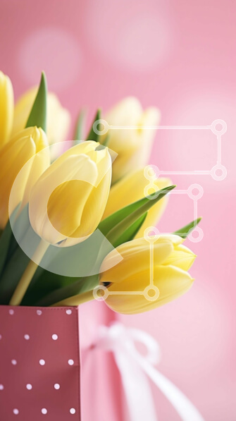 Σετ των 2 Intra Συλλεκτικό Ξύλινο Παζλ Plywood  4mm - Φρέσκες κίτρινες τουλίπες σε ροζ πουά τσάντα Σε Ξύλινο Κουτί - Διαστάσεις: 10x10 cm – 25 κομμάτια