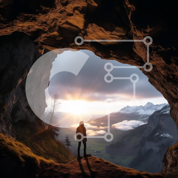 Intra Συλλεκτικό Ξύλινο Παζλ Plywood  4mm - Άτομο στην υπόγεια σπηλιά που παρακολουθεί την ανατολή του ηλίου πάνω από τα βουνά Σε Ξύλινο Κουτί - Διαστάσεις: 10x10 cm – 25 κομμάτια