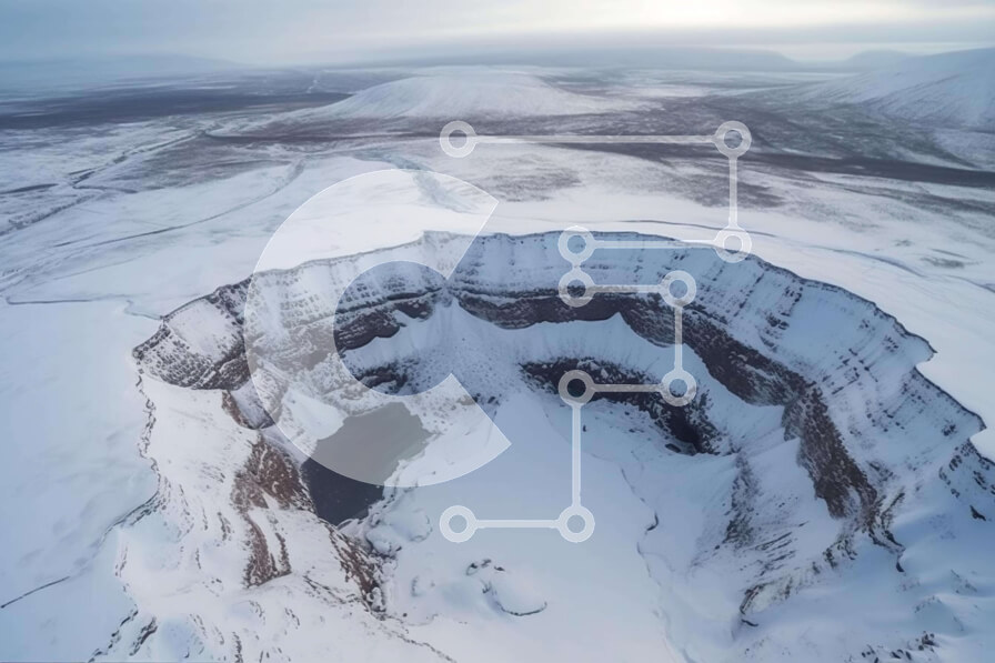 Intra Συλλεκτικό Ξύλινο Παζλ Plywood  4mm - Εναέρια άποψη του χιονισμένου τοπίου με τον τεράστιο κρατήρα Σε Ξύλινο Κουτί - Διαστάσεις: 10x10 cm – 25 κομμάτια