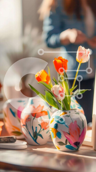 Intra Συλλεκτικό Ξύλινο Παζλ Plywood  4mm - Γυναίκα με πολύχρωμα βάζα και φρέσκα λουλούδια σε ένα τραπέζι Σε Ξύλινο Κουτί - Διαστάσεις Puzzle: 10x10 cm – 25 κομμάτια