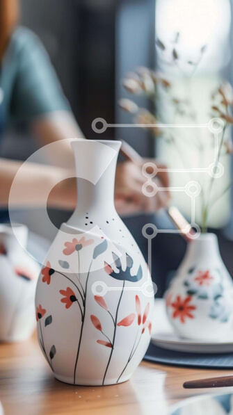 Intra Συλλεκτικό Ξύλινο Παζλ Plywood  4mm - Λευκά βάζα με φλοράλ σχέδια σε ξύλινο τραπέζι Σε Ξύλινο Κουτί - Διαστάσεις: 10x10 cm – 25 κομμάτια