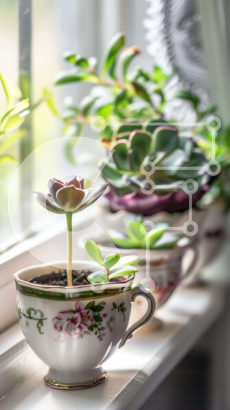 Σετ των 2 Intra Συλλεκτικό Ξύλινο Παζλ Plywood  4mm - Παράθυρο με φλιτζάνια τσαγιού και παχύφυτα Σε Ξύλινο Κουτί - Διαστάσεις: 10x10 cm – 25 κομμάτια