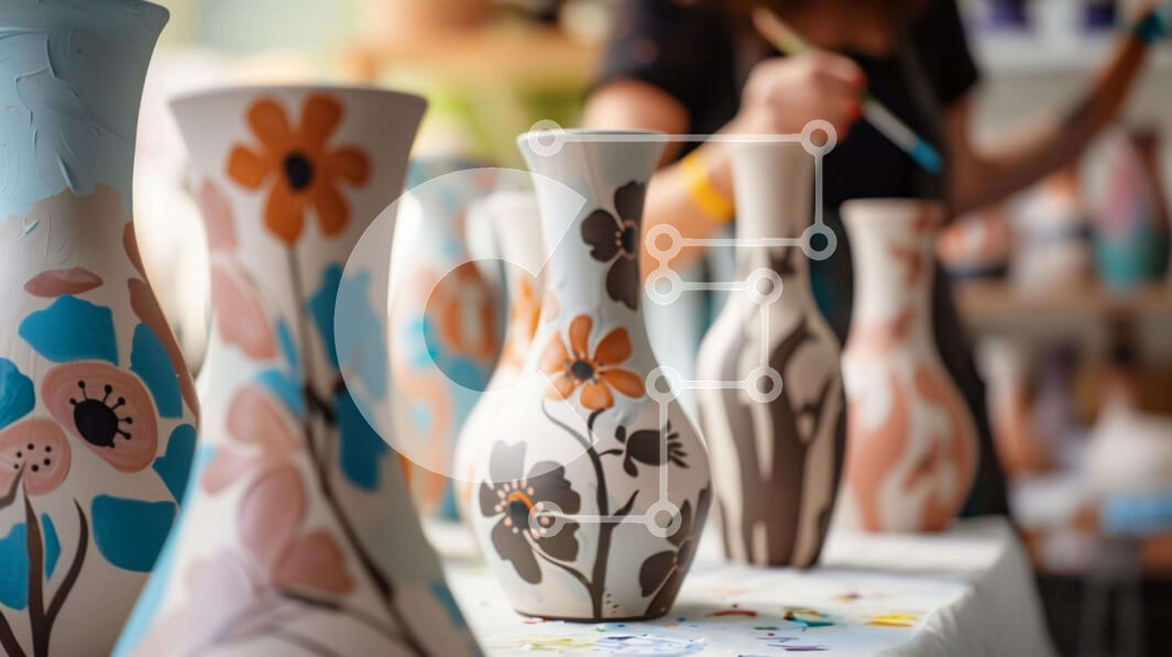 Intra Συλλεκτικό Ξύλινο Παζλ Plywood  4mm - Πολύχρωμα κεραμικά βάζα και γυναίκα ζωγραφική σε ένα τραπέζι Σε Ξύλινο Κουτί - Διαστάσεις Puzzle: 10x10 cm – 25 κομμάτια