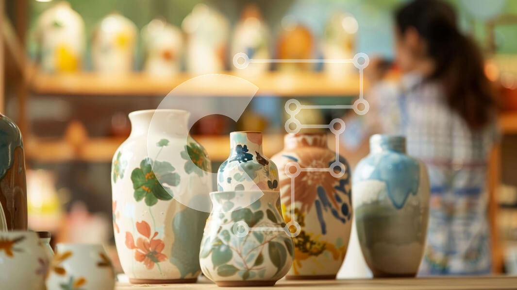 Intra Συλλεκτικό Ξύλινο Παζλ Plywood  4mm - Γυναίκα που θαυμάζει τα πολύχρωμα κεραμικά βάζα στην γκαλερί τέχνης Σε Ξύλινο Κουτί - Διαστάσεις Puzzle: 10x10 cm – 25 κομμάτια