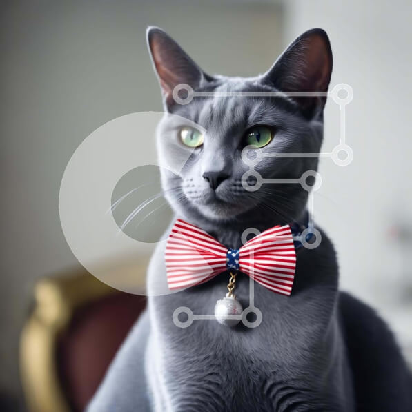 Intra Συλλεκτικό Ξύλινο Παζλ Plywood  4mm - Περίεργη γκρίζα γάτα με παπιγιόν με αμερικανική σημαία Σε Ξύλινο Κουτί - Διαστάσεις: 10x10 cm – 25 κομμάτια