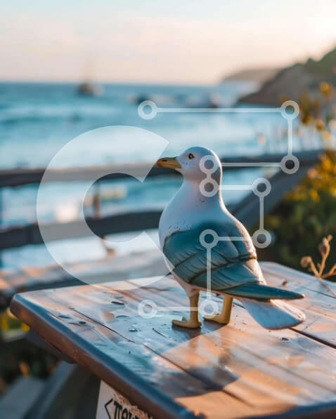 Intra Συλλεκτικό Ξύλινο Παζλ Plywood  4mm - Άγαλμα γλάρου στο ξύλινο τραπέζι κοντά στον ωκεανό με τα σημάδια Σε Ξύλινο Κουτί - Διαστάσεις: 10x10 cm – 25 κομμάτια