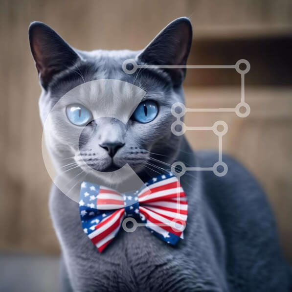 Intra Συλλεκτικό Ξύλινο Παζλ Plywood  4mm - Happy Grey Cat με παπιγιόν με θέμα την αμερικανική σημαία Σε Ξύλινο Κουτί - Διαστάσεις: 10x10 cm – 25 κομμάτια