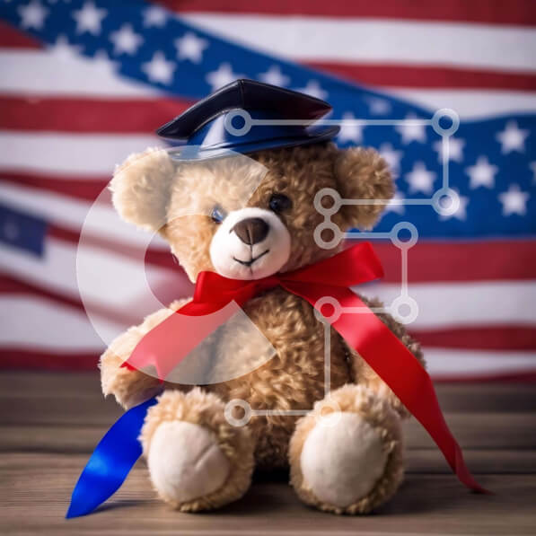 Intra Συλλεκτικό Ξύλινο Παζλ Plywood  4mm - Αρκουδάκι με αμερικάνικο καπέλο αποφοίτησης και γραβάτα σε φόντο σημαία Σε Ξύλινο Κουτί - Διαστάσεις Puzzle: 10x10 cm – 25 κομμάτια