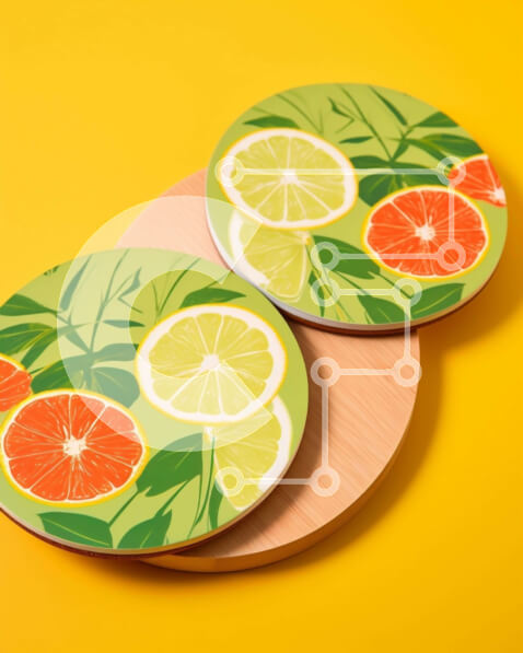 Σετ των 2 Intra Συλλεκτικό Ξύλινο Παζλ Plywood  4mm - Σουβέρ εσπεριδοειδών σε κίτρινο φόντο Σε Ξύλινο Κουτί - Διαστάσεις: 10x10 cm – 25 κομμάτια