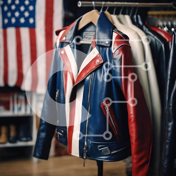 Σετ των 2 Intra Συλλεκτικό Ξύλινο Παζλ Plywood  4mm - Επίδειξη μόδας με δερμάτινα μπουφάν και τζιν τζιν με φόντο την αμερικανική σημαία Σε Ξύλινο Κουτί - Διαστάσεις: 10x10 cm – 25 κομμάτια