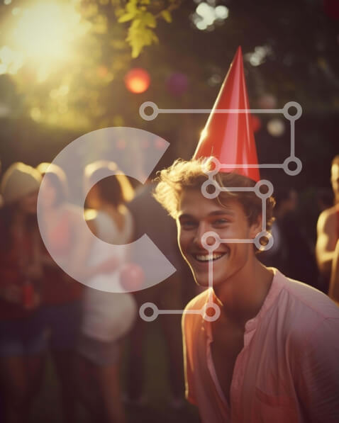 Intra Συλλεκτικό Ξύλινο Παζλ Plywood  4mm - Νεαρός άνδρας που χαμογελά σε εξωτερικούς χώρους με το καπέλο για πάρτι Σε Ξύλινο Κουτί - Διαστάσεις Puzzle: 10x10 cm – 25 κομμάτια