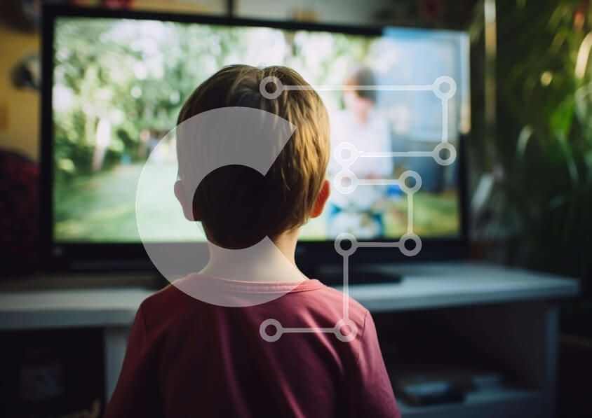 Intra Συλλεκτικό Ξύλινο Παζλ Plywood  4mm - Νεαρό αγόρι που παρακολουθεί ταινία κινουμένων σχεδίων Σε Ξύλινο Κουτί - Διαστάσεις Puzzle: 10x10 cm – 25 κομμάτια