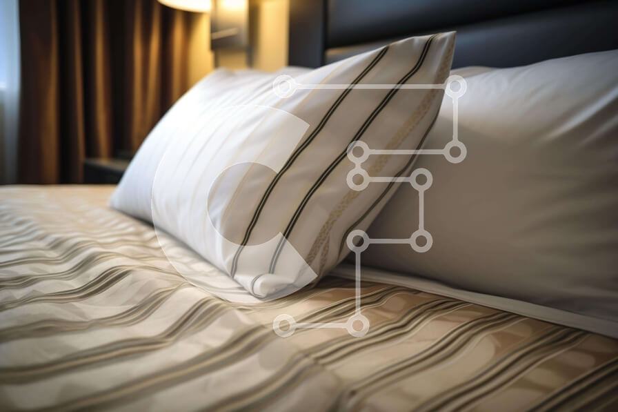 Intra Συλλεκτικό Ξύλινο Παζλ Plywood  4mm - Λευκό κρεβάτι με ριγέ σεντόνια σε κομψό δωμάτιο ξενοδοχείου Σε Ξύλινο Κουτί - Διαστάσεις Puzzle: 10x10 cm – 25 κομμάτια