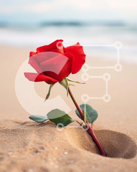 Intra Συλλεκτικό Ξύλινο Παζλ Plywood  4mm - Μονό κόκκινο τριαντάφυλλο στην αμμώδη παραλία Σε Ξύλινο Κουτί - Διαστάσεις: 10x10 cm – 25 κομμάτια