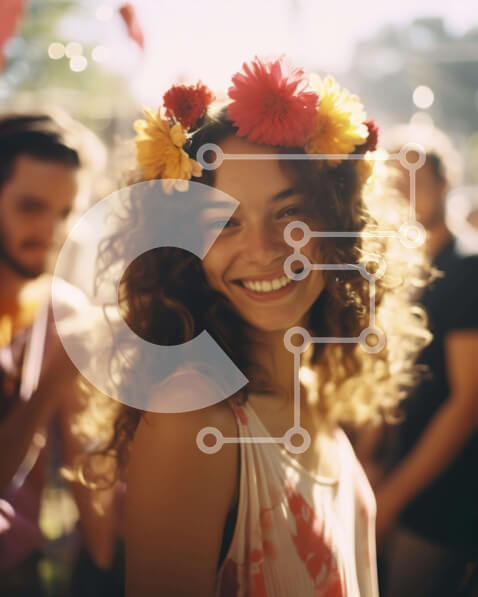 Intra Συλλεκτικό Ξύλινο Παζλ Plywood  4mm - Νεαρή γυναίκα με λουλούδια στα μαλλιά σε υπαίθρια εκδήλωση Σε Ξύλινο Κουτί - Διαστάσεις Puzzle: 10x10 cm – 25 κομμάτια