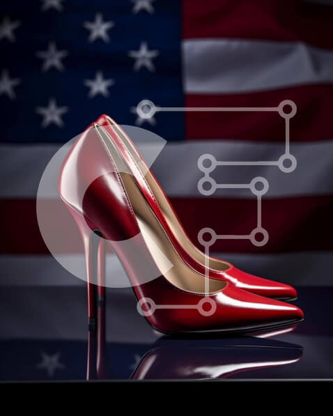 Intra Συλλεκτικό Ξύλινο Παζλ Plywood  4mm - Κόκκινο ψηλοτάκουνο παπούτσι με φόντο την αμερικανική σημαία Σε Ξύλινο Κουτί - Διαστάσεις Puzzle: 10x10 cm – 25 κομμάτια