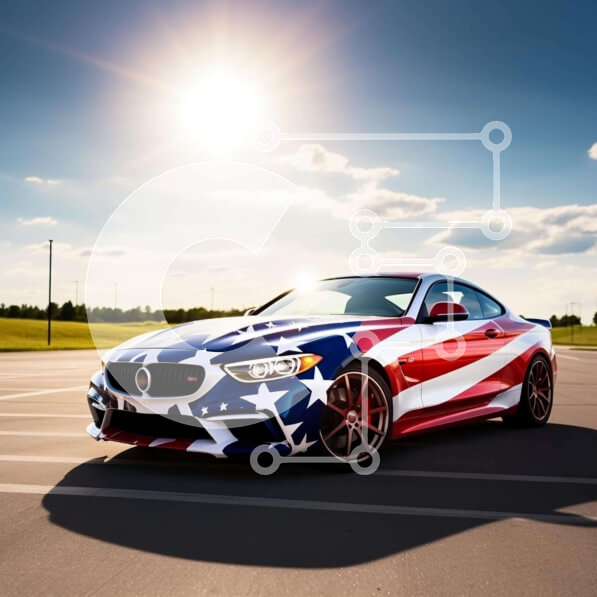 Intra Συλλεκτικό Ξύλινο Παζλ Plywood  4mm - Κόκκινο, λευκό και μπλε σπορ αυτοκίνητο BMW με αμερικανική σημαία Σε Ξύλινο Κουτί - Διαστάσεις Puzzle: 10x10 cm – 25 κομμάτια