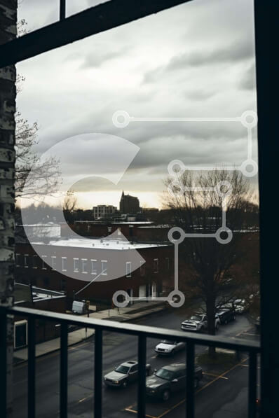 Intra Συλλεκτικό Ξύλινο Παζλ Plywood  4mm - Μπαλκόνι με θέα στην αστική οδό με σταθμευμένα αυτοκίνητα και κτίρια Σε Ξύλινο Κουτί - Διαστάσεις Puzzle: 10x10 cm – 25 κομμάτια