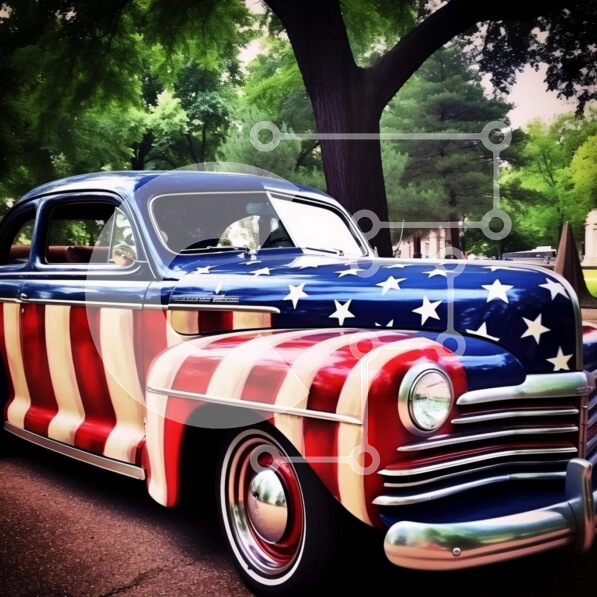 Intra Συλλεκτικό Ξύλινο Παζλ Plywood  4mm - Vintage αυτοκίνητο με μοτίβο αμερικανικής σημαίας Σε Ξύλινο Κουτί - Διαστάσεις Puzzle: 10x10 cm – 25 κομμάτια