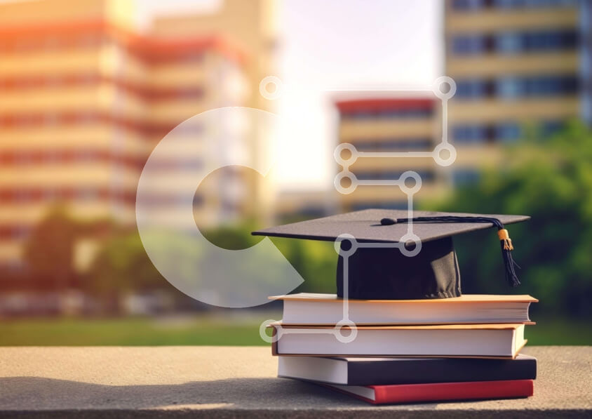 Intra Συλλεκτικό Ξύλινο Παζλ Plywood  4mm - Καπάκι αποφοίτησης στις στοίβες βιβλίων με το City Skyline Σε Ξύλινο Κουτί - Διαστάσεις Puzzle: 10x10 cm – 25 κομμάτια